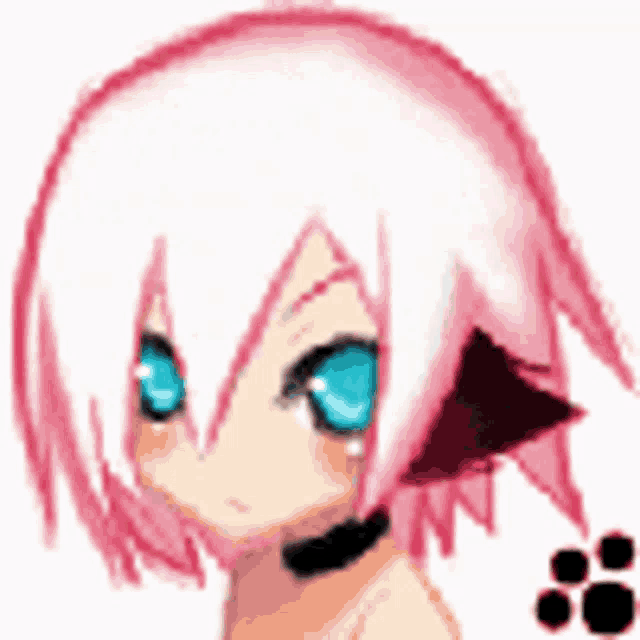 a pixel art drawing of a girl with pink hair and blue eyes .