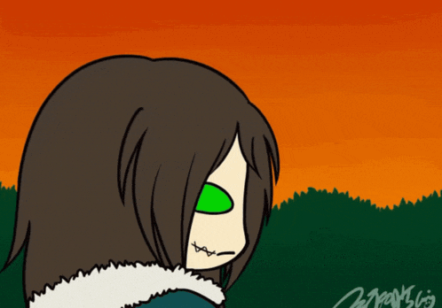 a drawing of a girl with a green eye and a sunset in the background with the letters mvs on the bottom right