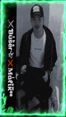 a black and white photo of a man wearing a reebok jacket