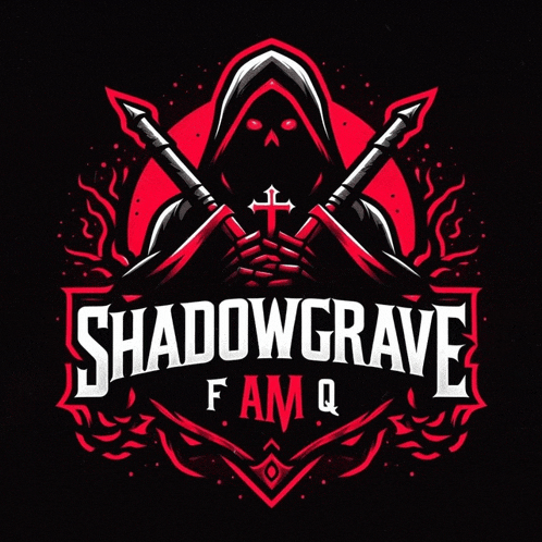 a logo for shadowgrave famq shows a grim reaper holding a cross and two swords