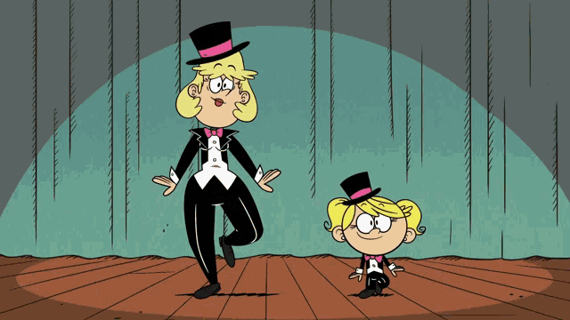 two cartoon characters wearing top hats and bow ties are on a stage