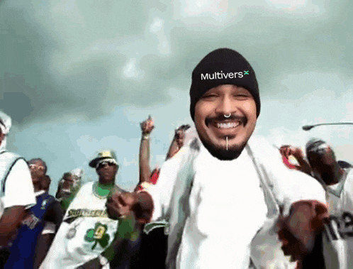 a man wearing a black beanie with the word multivers on it