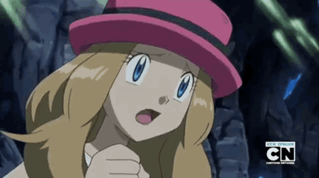 a cartoon girl wearing a pink hat with the cn logo on the bottom