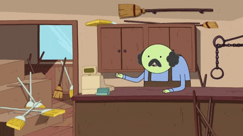 a cartoon character is standing at a counter in a room