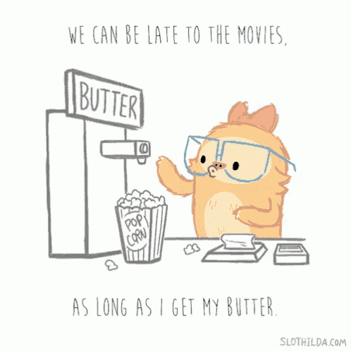 a cartoon of a sloth pouring butter into popcorn