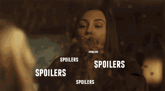 a woman is surrounded by the words spoilers on a dark background