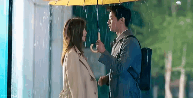 a man is holding an umbrella over a woman 's head in the rain .