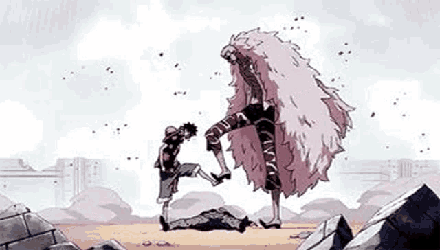 a cartoon of a man kicking another man in the face while standing next to a pile of rocks .