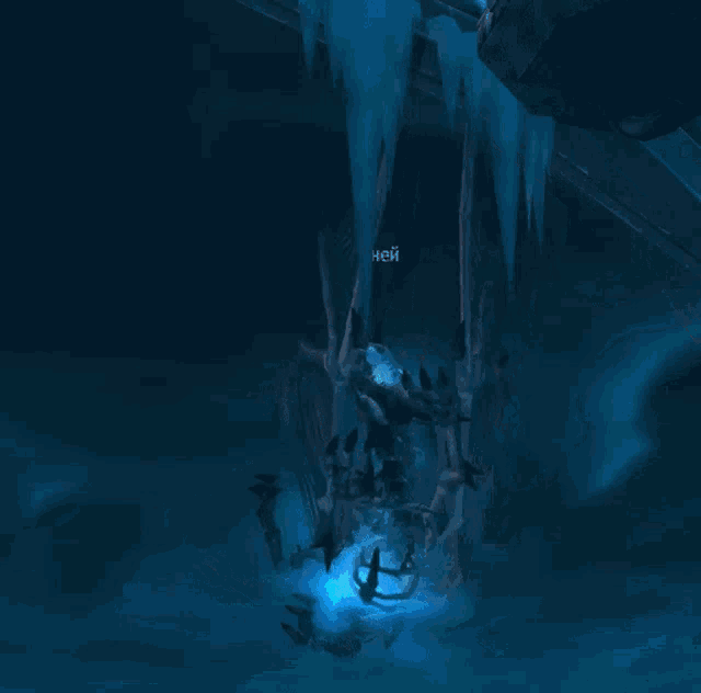 a skeleton of a dragon in a video game with a blue lightning behind it