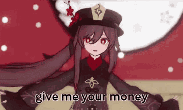 a cartoon girl is standing in front of a clock and asking for money .