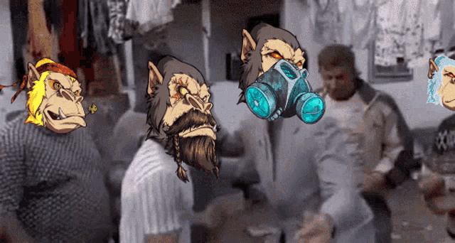 a man wearing a gas mask is surrounded by cartoon monkeys