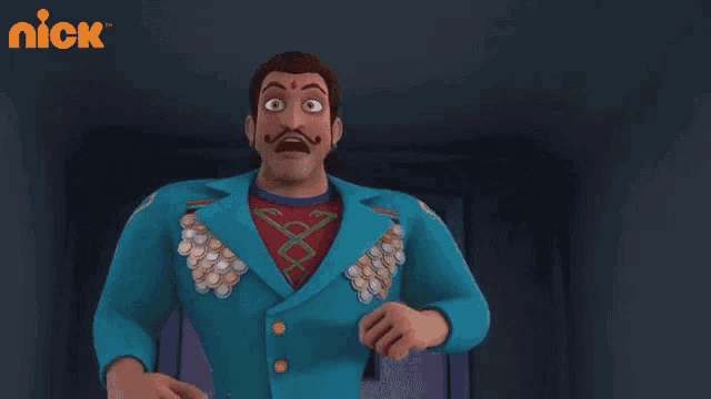 a man with a mustache is wearing a blue jacket with coins on it