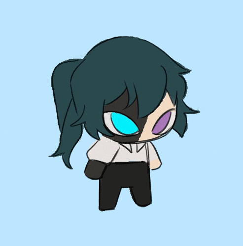 a drawing of a person with blue eyes and purple eyes