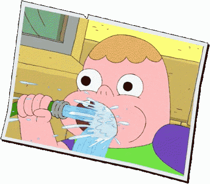 a picture of a cartoon character drinking water from a green hose