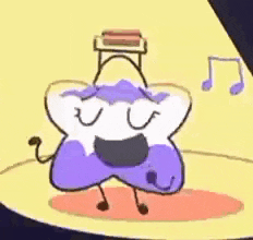 a cartoon character is dancing on a stage in front of a microphone with music notes in the background .