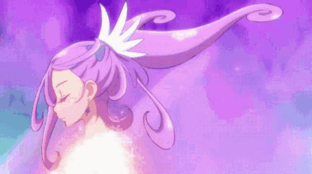 a girl with purple hair and a white flower in her hair