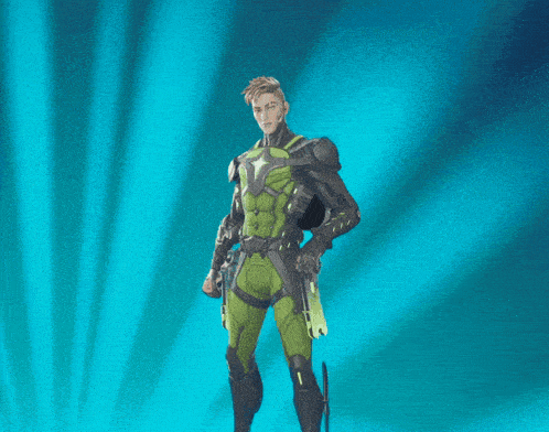a man in a green suit with a backpack on his back is standing in front of a blue wall