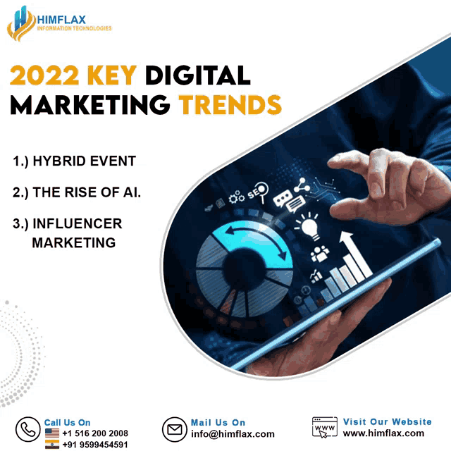 a poster for 2022 key digital marketing trends shows a person holding a tablet