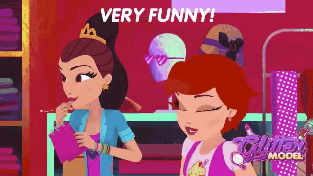 a cartoon of two girls with the words very funny on the top