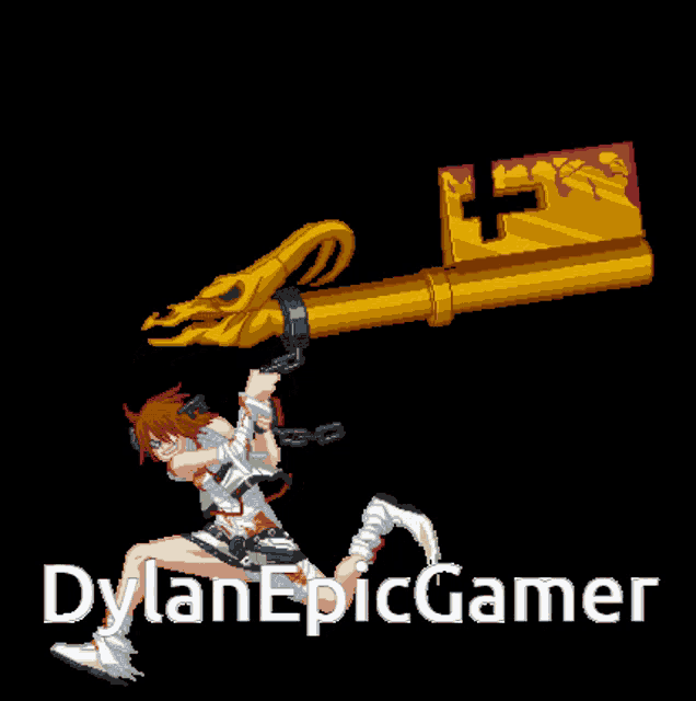 a pixel art of a woman holding a large key with the name dylan epic gamer written below it