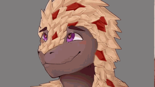 a drawing of a dragon with purple eyes and a feathered head