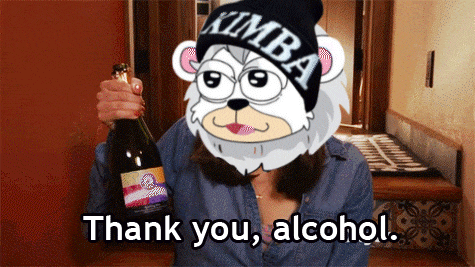 a woman is holding a bottle of alcohol with a cartoon character behind her saying thank you alcohol