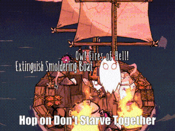 a cartoon of an extinguish smoldering boat with the words hop on don 't starve together