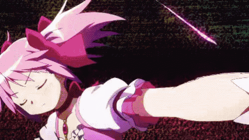 a girl with pink hair and white gloves is holding a sword