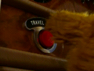 a sign that says travel by map with a red button