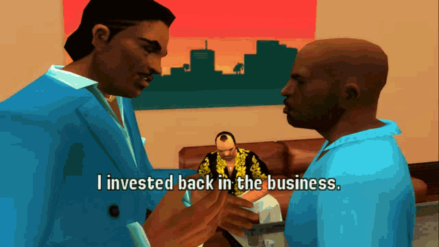 a man in a blue suit is talking to another man with the words i invested back in the business