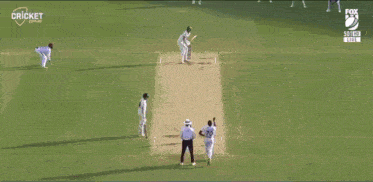 a man in a white shirt is jumping in the air while playing a game of cricket .
