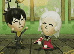 two cartoon characters are standing next to each other on a wood floor