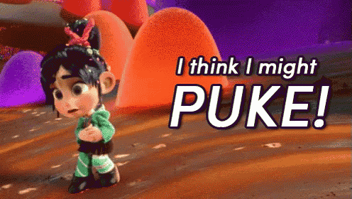 a cartoon character with the words i think i might puke on the bottom