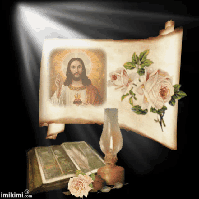 a picture of jesus with roses and a lamp with the website imikimi.com at the bottom