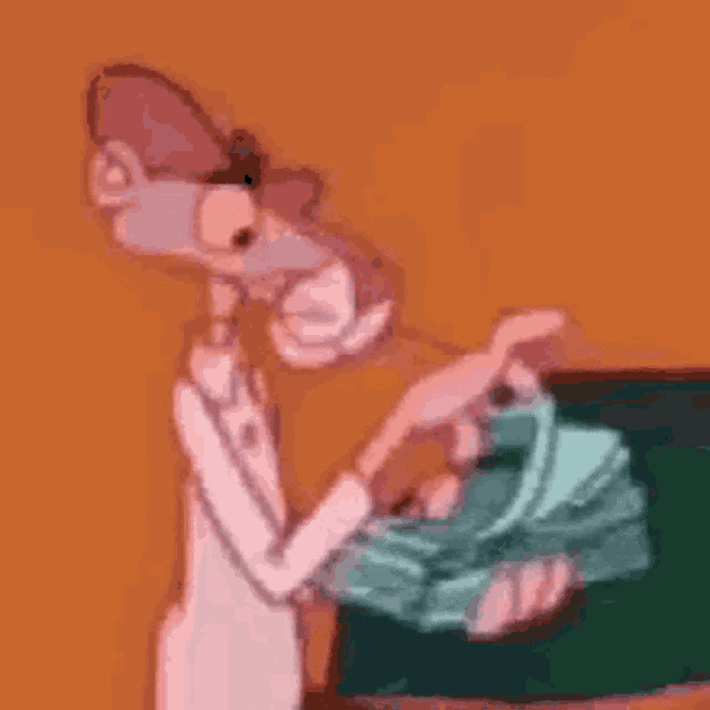 a pink panther cartoon character is holding a pile of money .