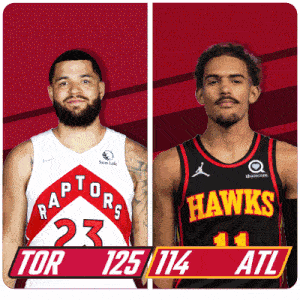 two basketball players from the raptors and hawks are standing next to each other