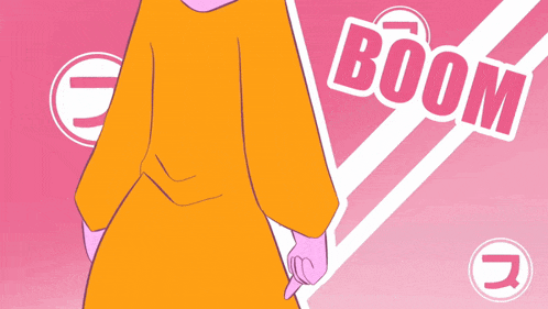 a cartoon drawing of a woman with the word boom in pink