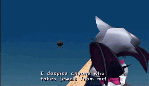 a video game scene with a shark saying i despise anyone who takes jewels from me