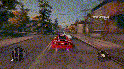 a red car is driving down a road in a video game that says oncoming lane at the top