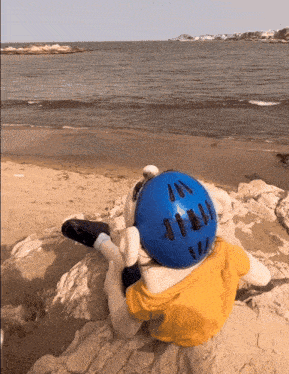 a stuffed animal with a blue helmet that says ' i 'm ' on it