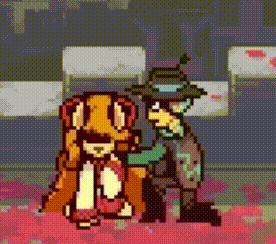 a man and a woman are standing next to each other in a pixel art video game .