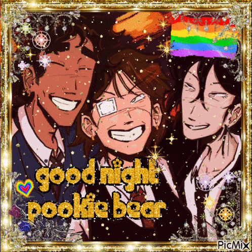 a picture of three people with the words " good night pookie bear " on it
