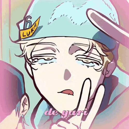 a drawing of a boy wearing a hat that says luka on it