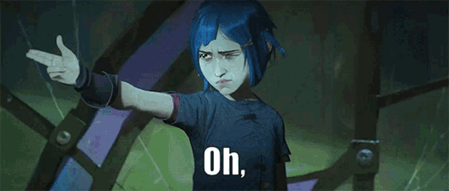 a girl with blue hair says oh the misery in front of a purple background