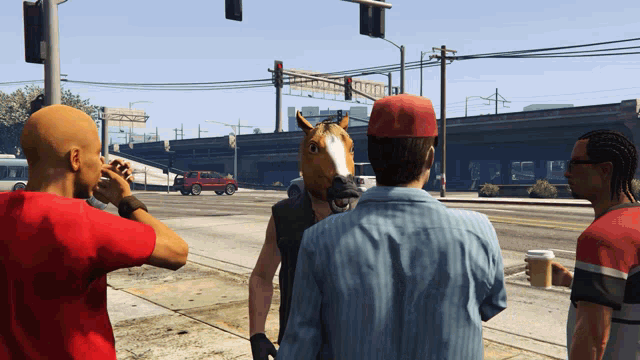 a man wearing a horse mask talks to a group of men