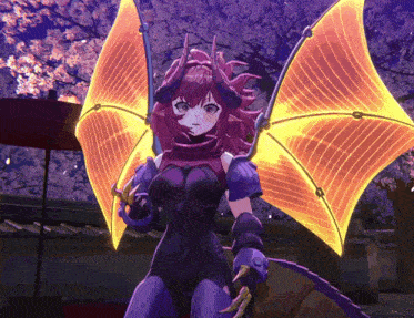 a girl with horns and wings is standing in front of cherry blossom trees