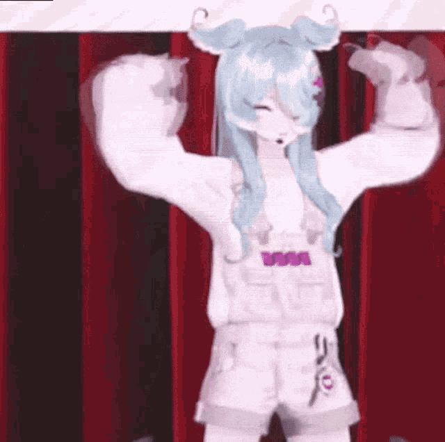 a 3d anime girl is standing in front of a red curtain .