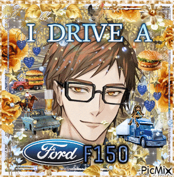 a picture of a man with glasses and the ford f150 logo