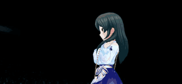 a girl in a blue and white dress is pointing at something