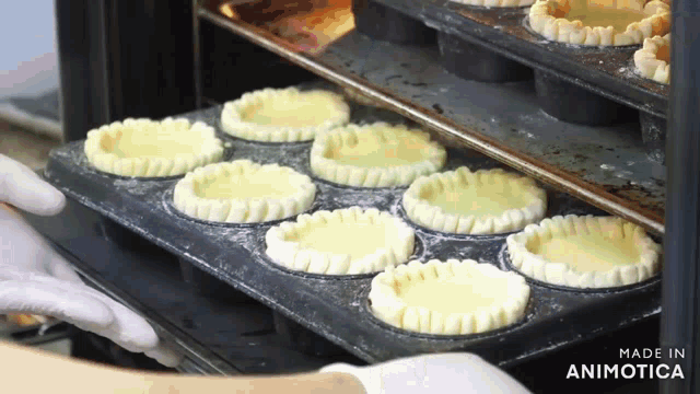 a bunch of tarts are being baked in an oven with the words made in animatica on the bottom